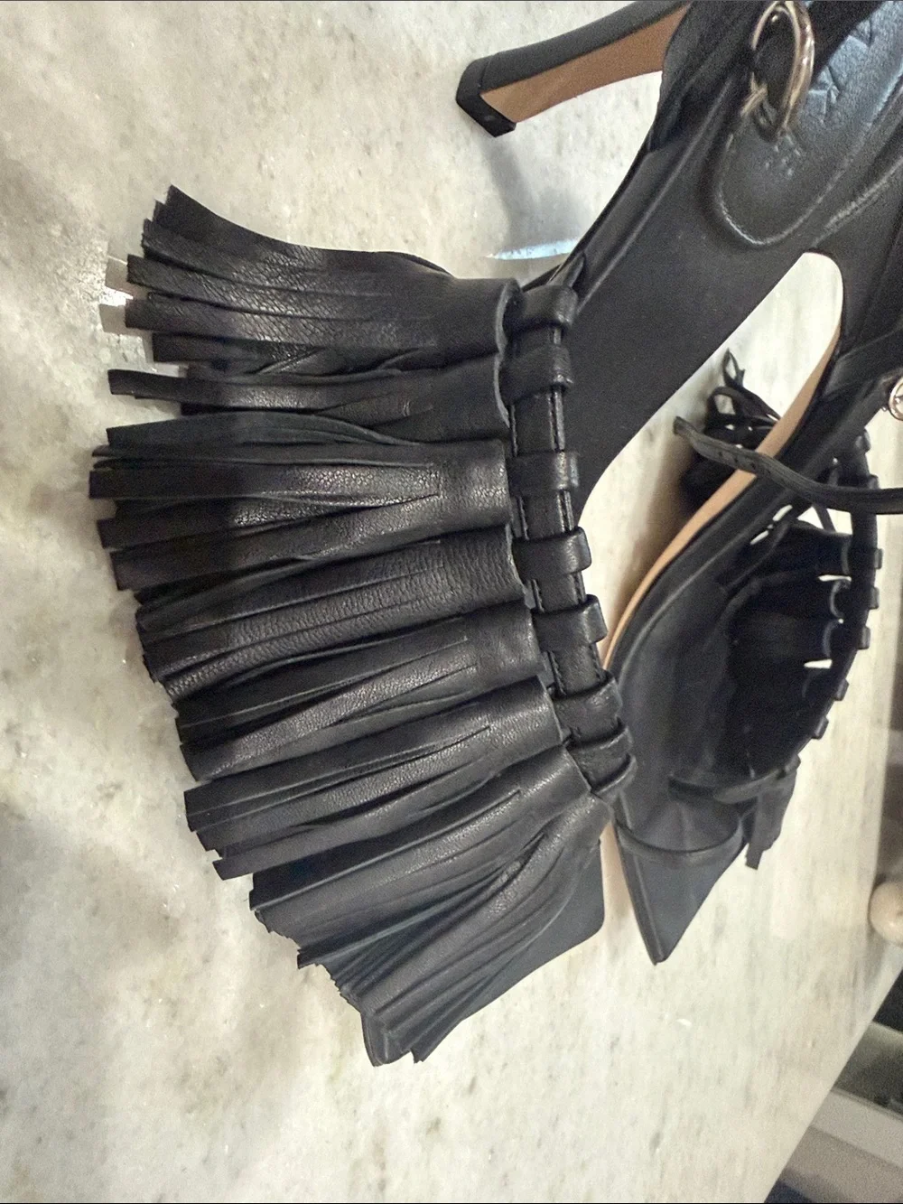 Fringed Black Leather Square-Toe Ankle-Strap Heels
